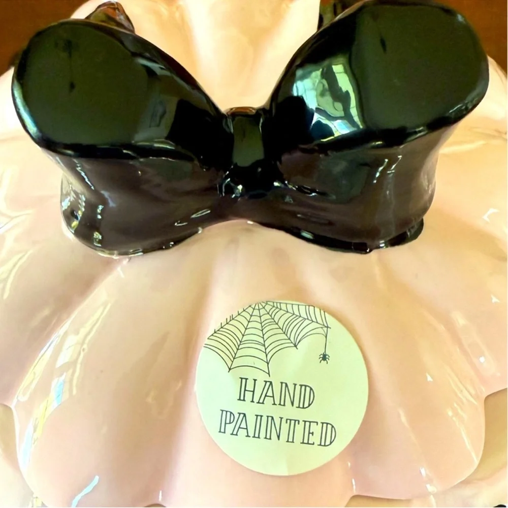 New Pink Ceramic Pumpkin Canister Cookie Jar w/ Black Bows Cobwebs & Cauldrons
